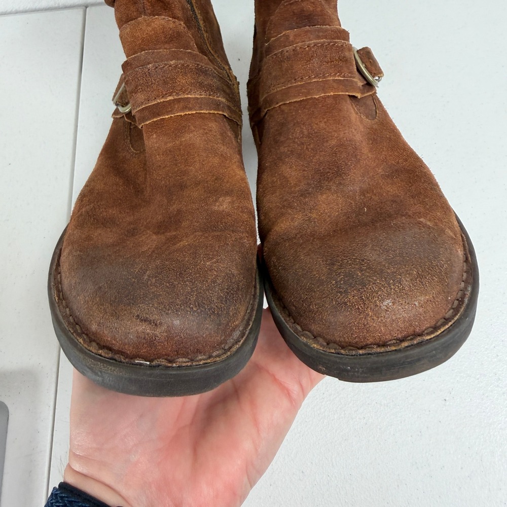 Born 8 Virgo Ankle Boots Brown Suede Slouchy Distressed Buckle Moto Rustic Fall - Picture 8 of 10